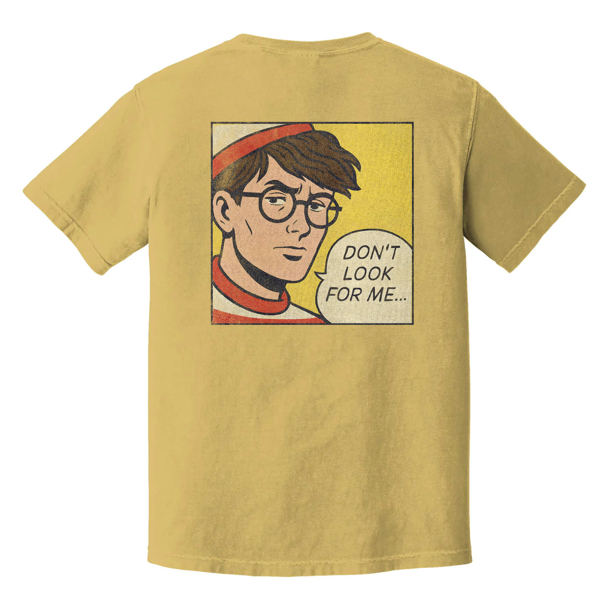 Don't Look for Me t-shirt with comic-style Waldo parody, black burnout humor tee