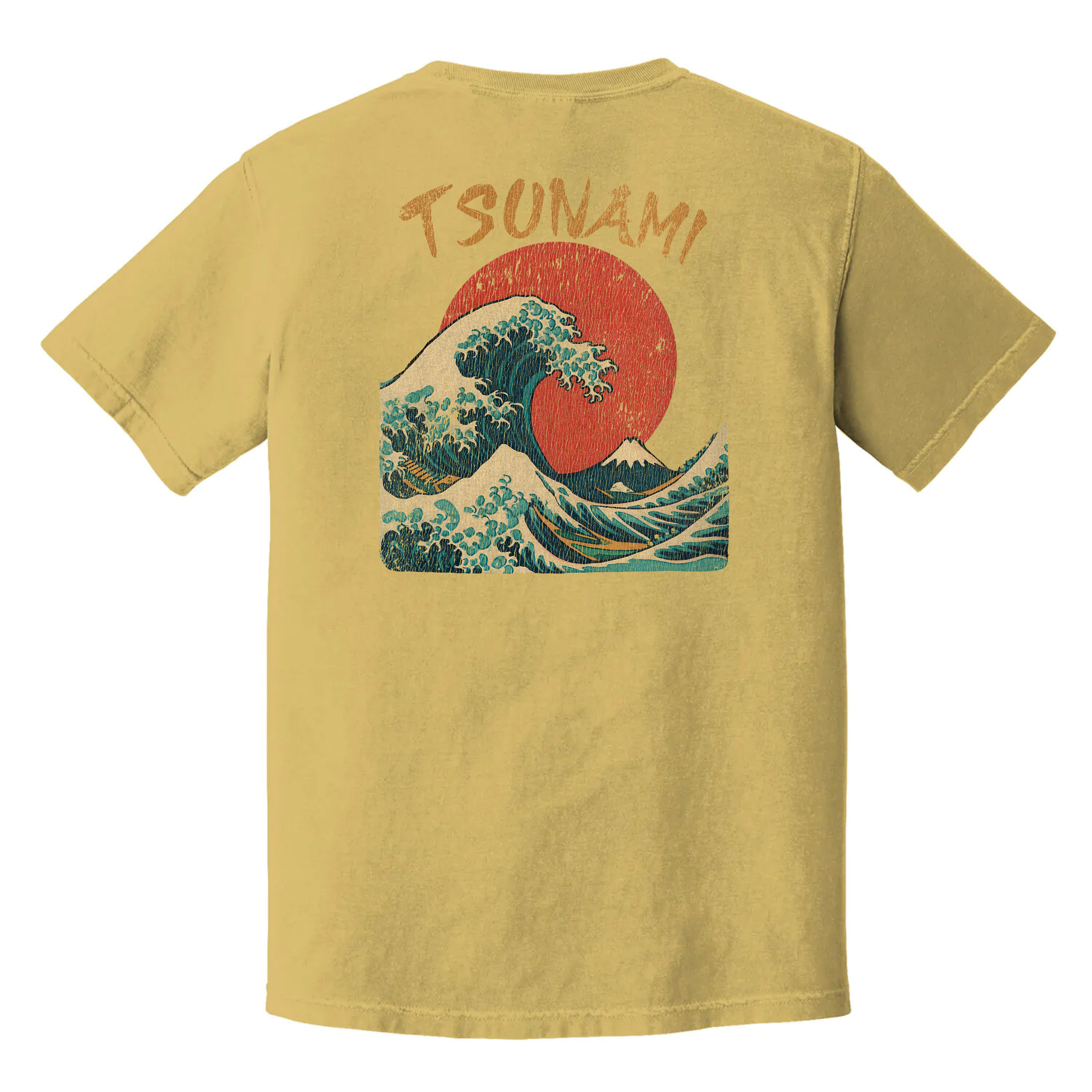 Tsunami graphic t-shirt with vintage Japanese wave and red sun design, emotional chaos art tee