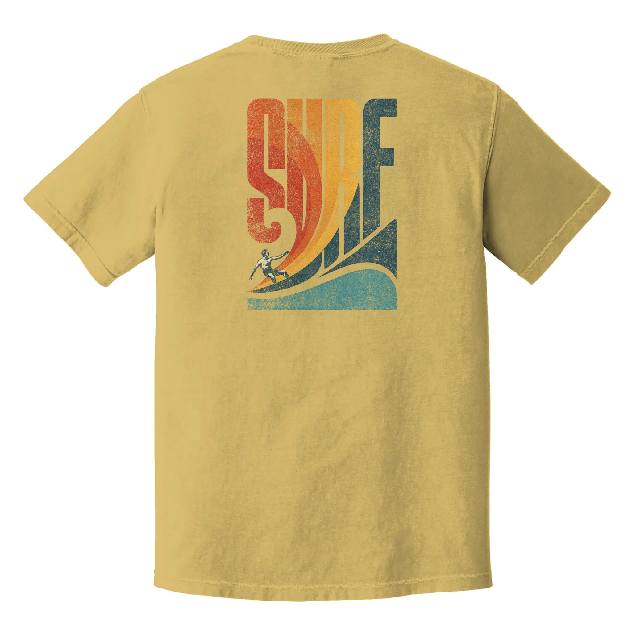 Retro surf & detach graphic tee with colorful wave typography and minimalist surfer design