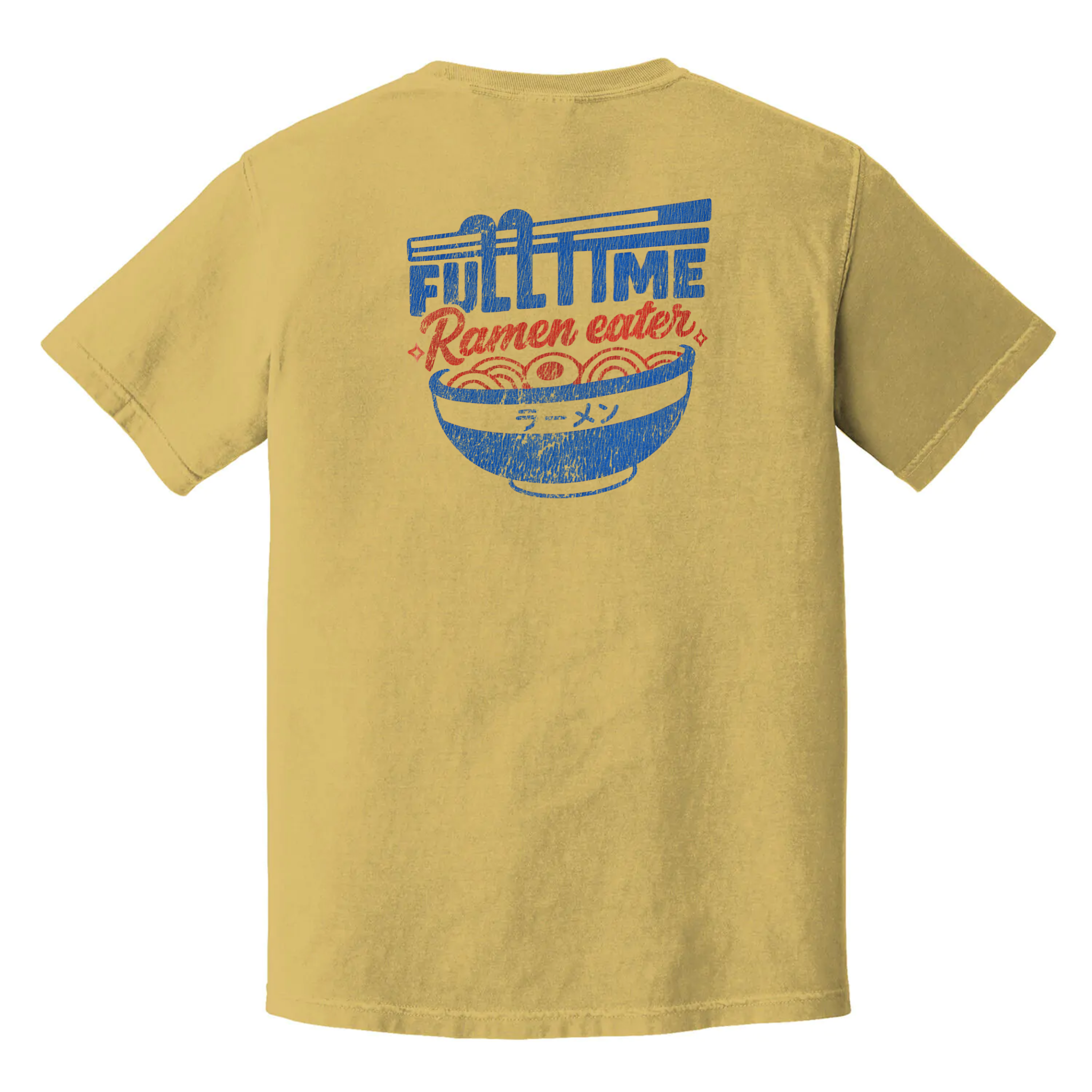 Full-Time Ramen Eater t-shirt, vintage noodle bowl design in red and blue on cream shirt