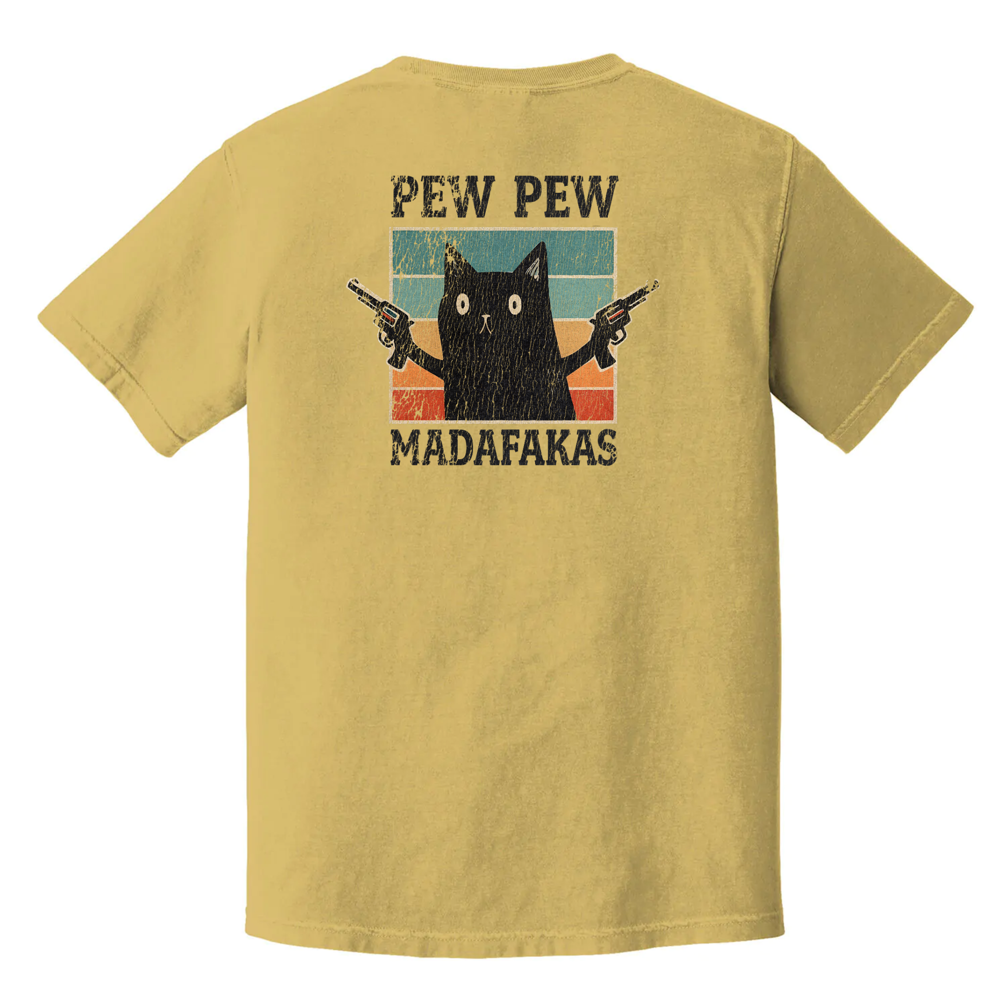 Pew Pew Madafakas cat shirt, black t-shirt with retro armed cartoon cat graphic