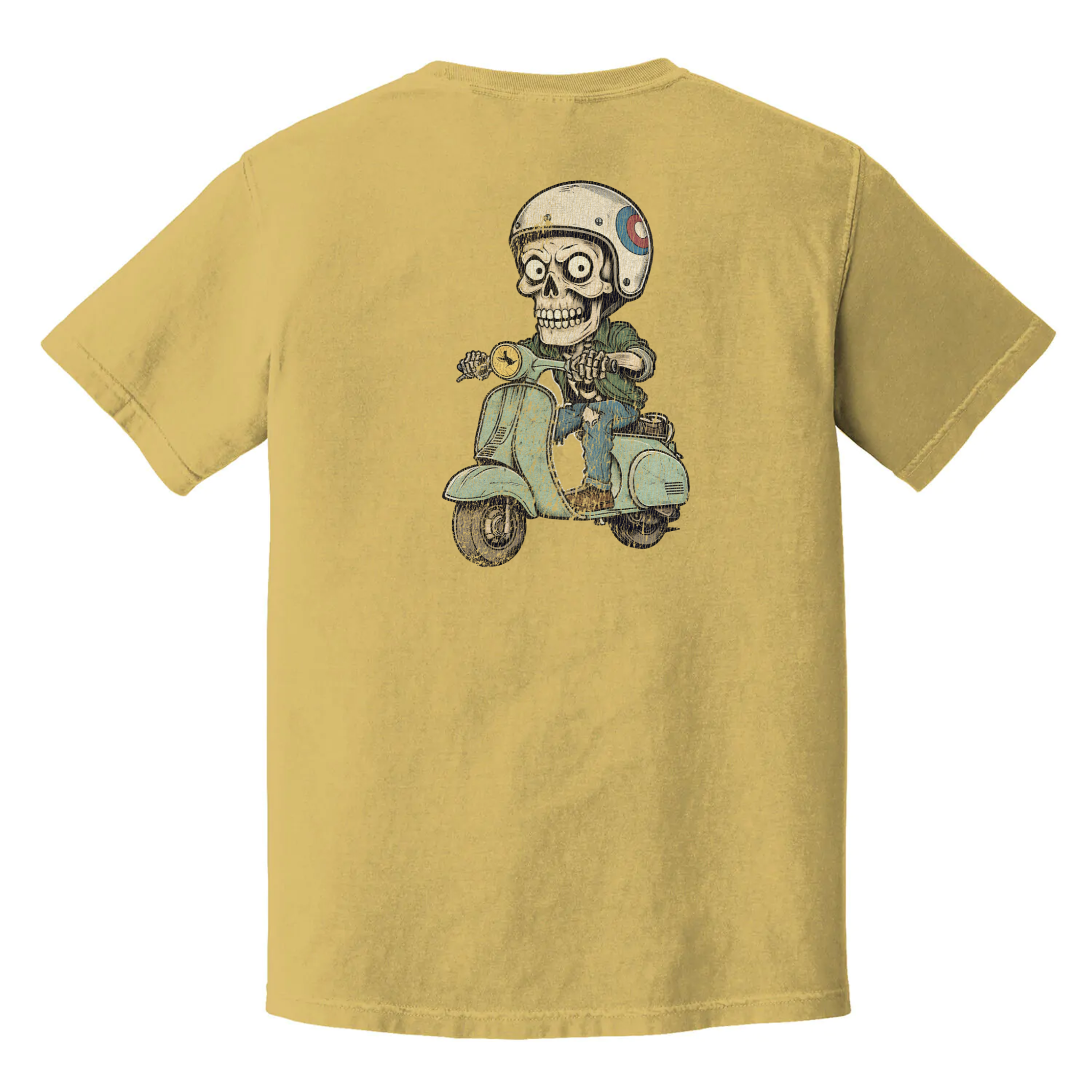Bone to Ride t-shirt featuring skeleton riding scooter, burnout-core vintage humor tee