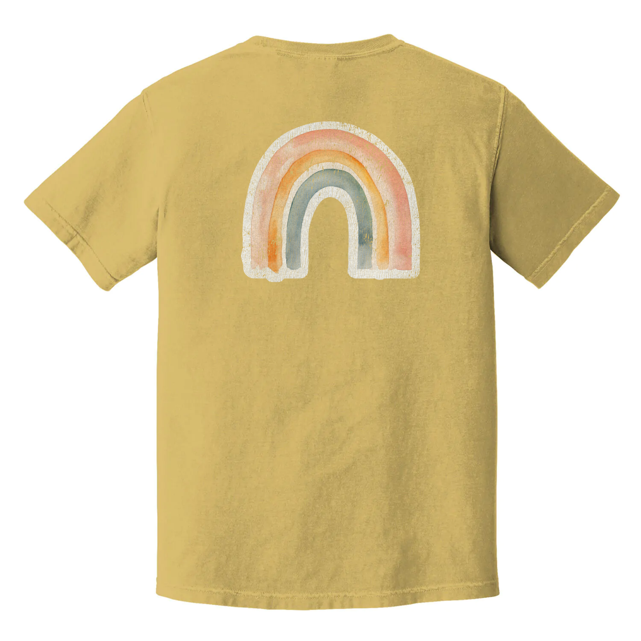 Muted rainbow graphic t-shirt with vintage distressed design, soft pride-inspired tee