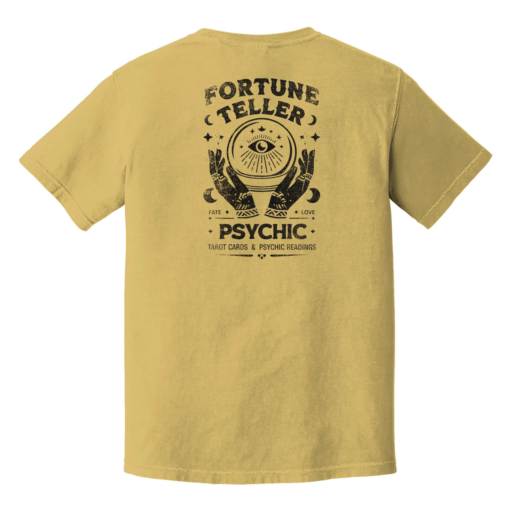 Vibes Don’t Lie psychic t-shirt, black with mystical crystal ball and palmistry hands