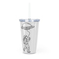 Clear tumbler with black astronaut and UFO design on a white background