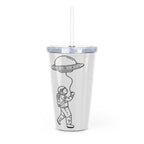Clear tumbler with black astronaut and UFO design on a white background