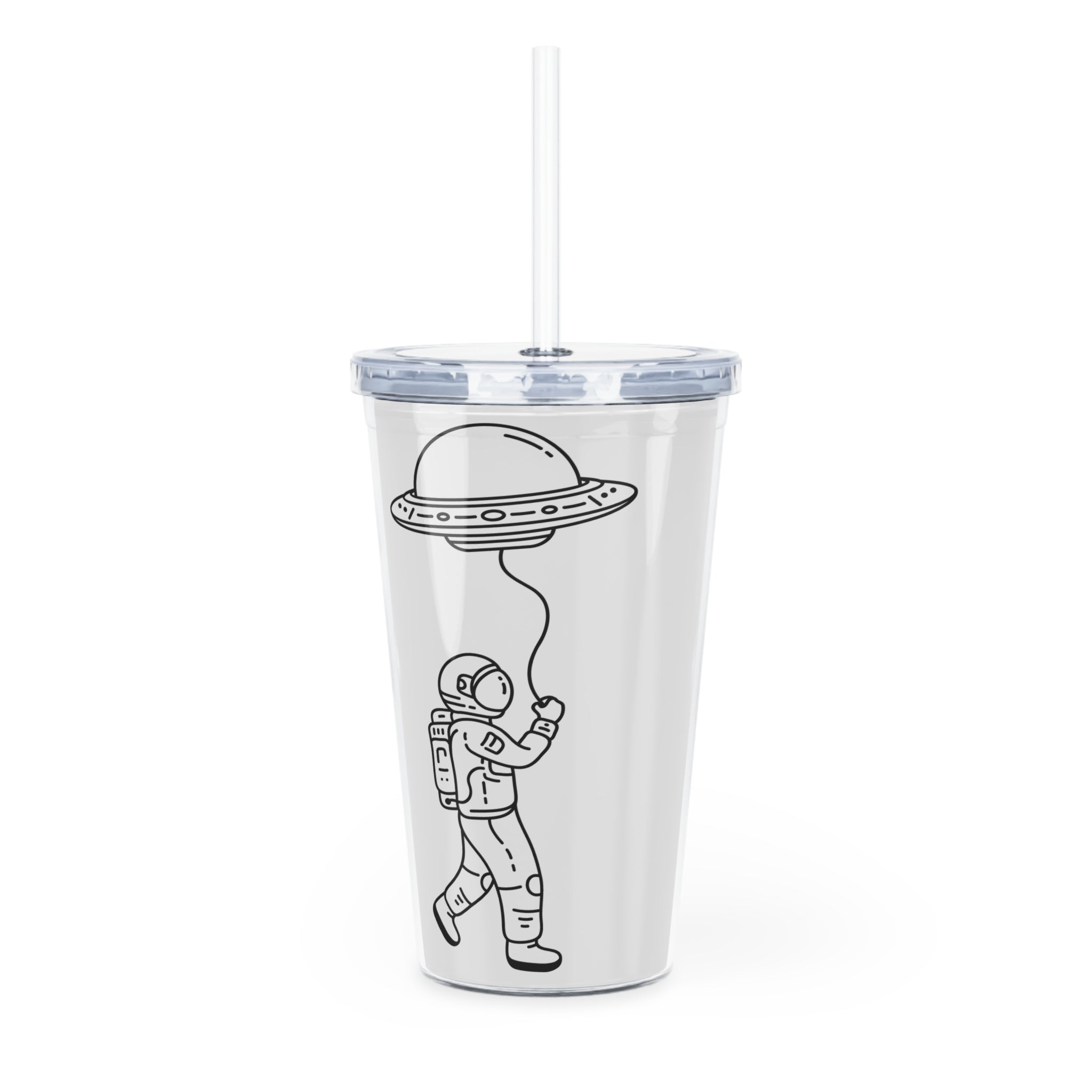 Clear tumbler with black astronaut and UFO design on a white background