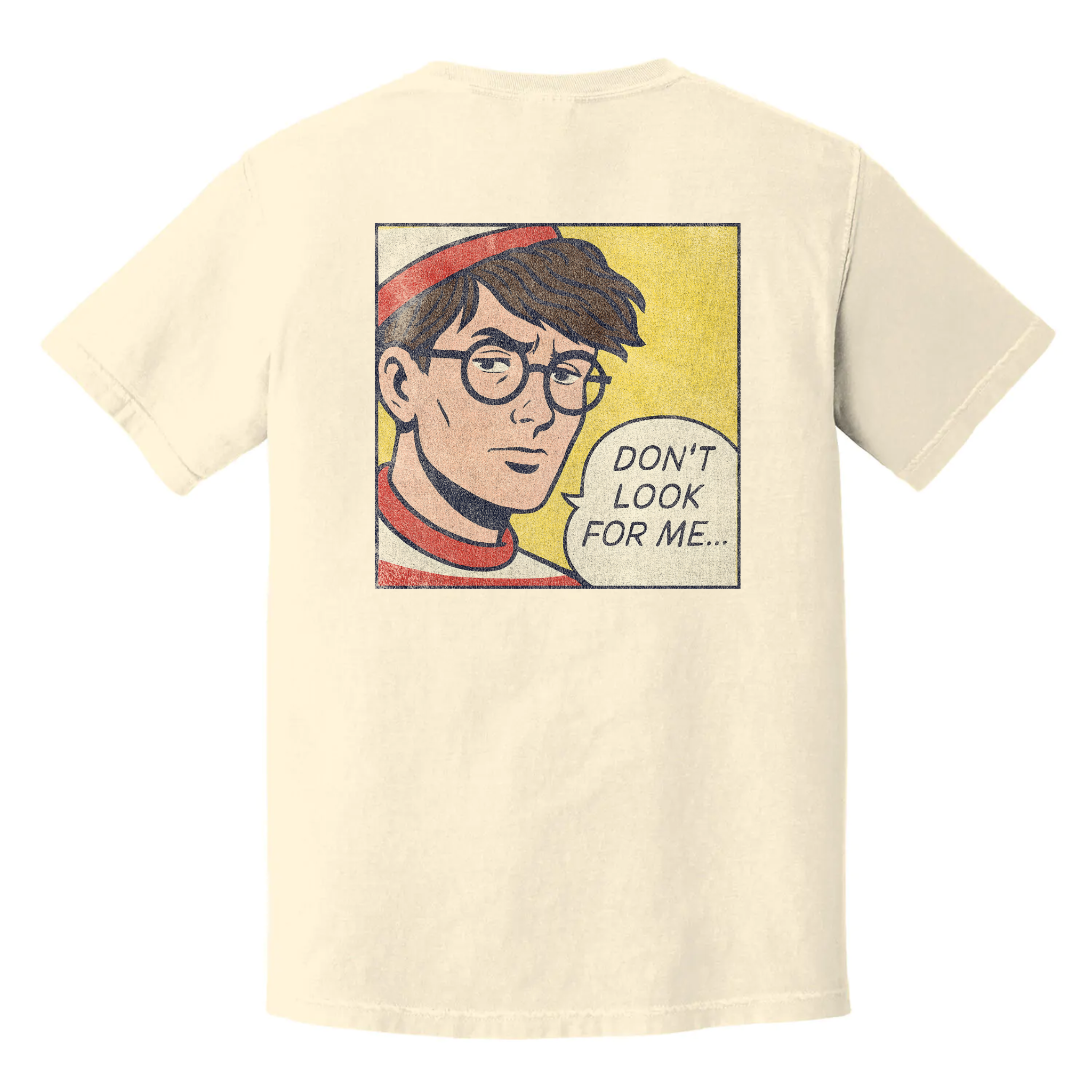 Don't Look for Me t-shirt with comic-style Waldo parody, black burnout humor tee