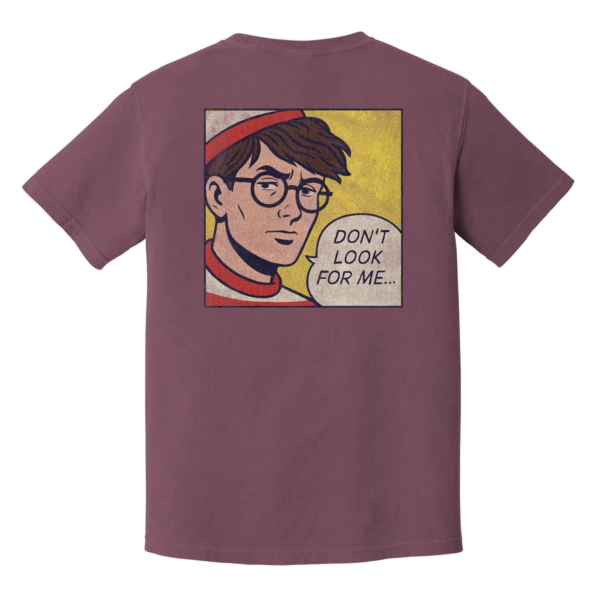 Don't Look for Me t-shirt with comic-style Waldo parody, black burnout humor tee