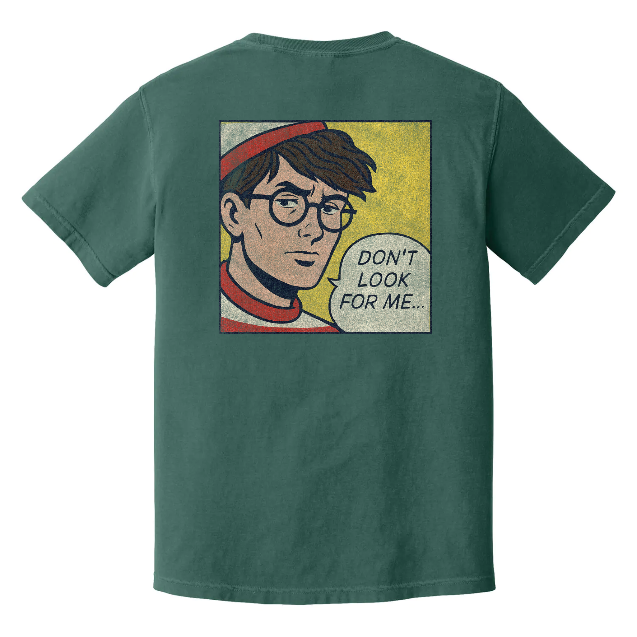 Don't Look for Me t-shirt with comic-style Waldo parody, black burnout humor tee