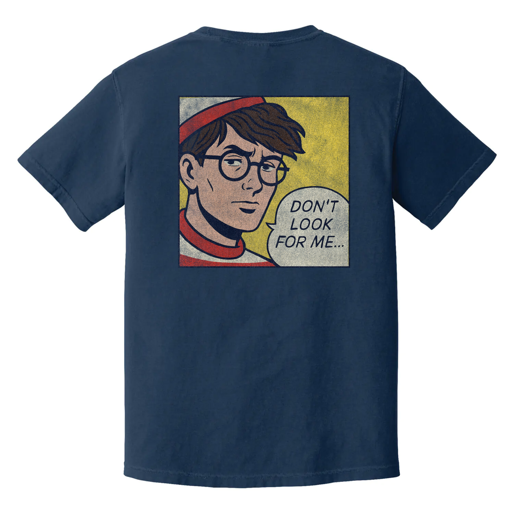 Don't Look for Me t-shirt with comic-style Waldo parody, black burnout humor tee