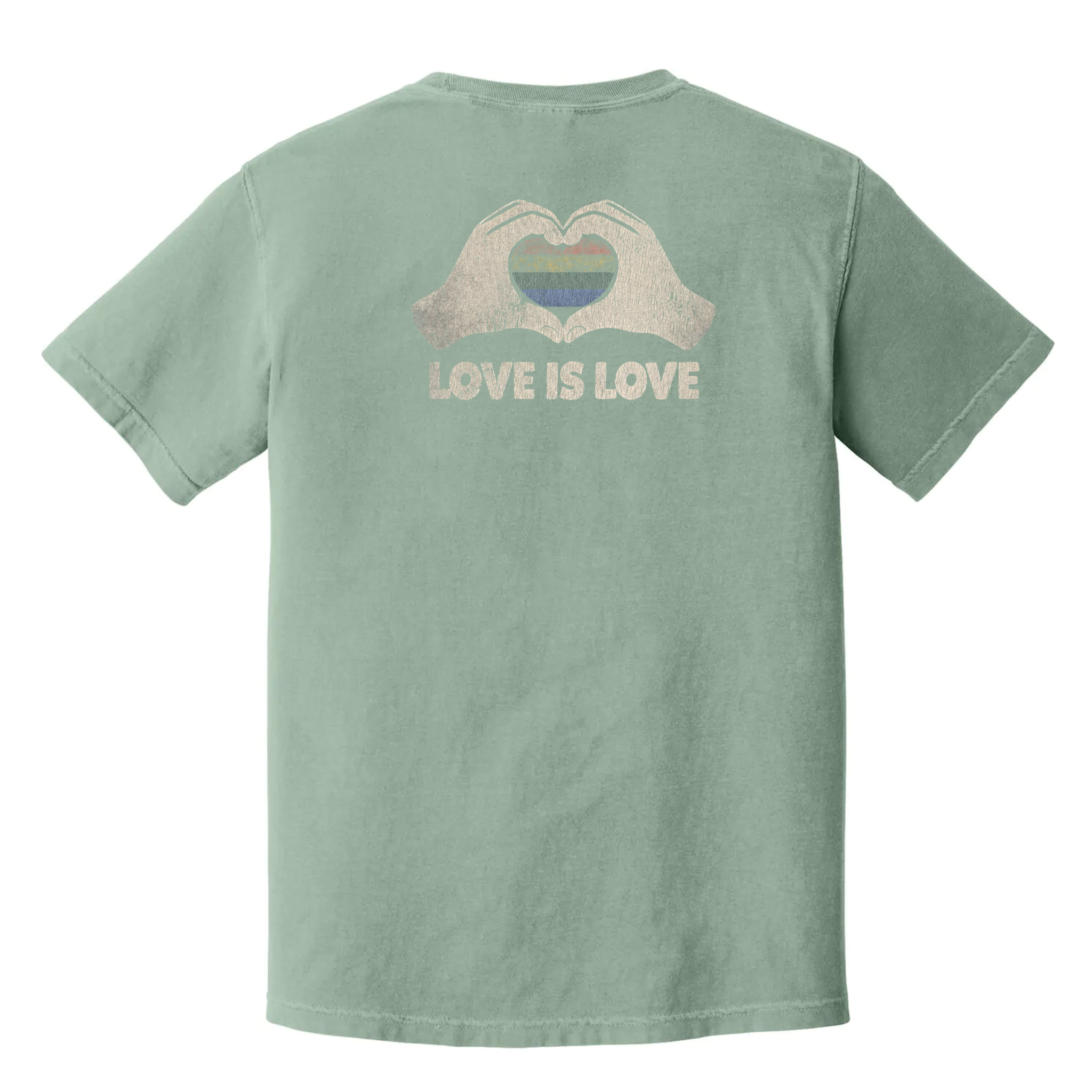 Love Is Love LGBTQ+ pride shirt, rainbow heart hand graphic on black t-shirt