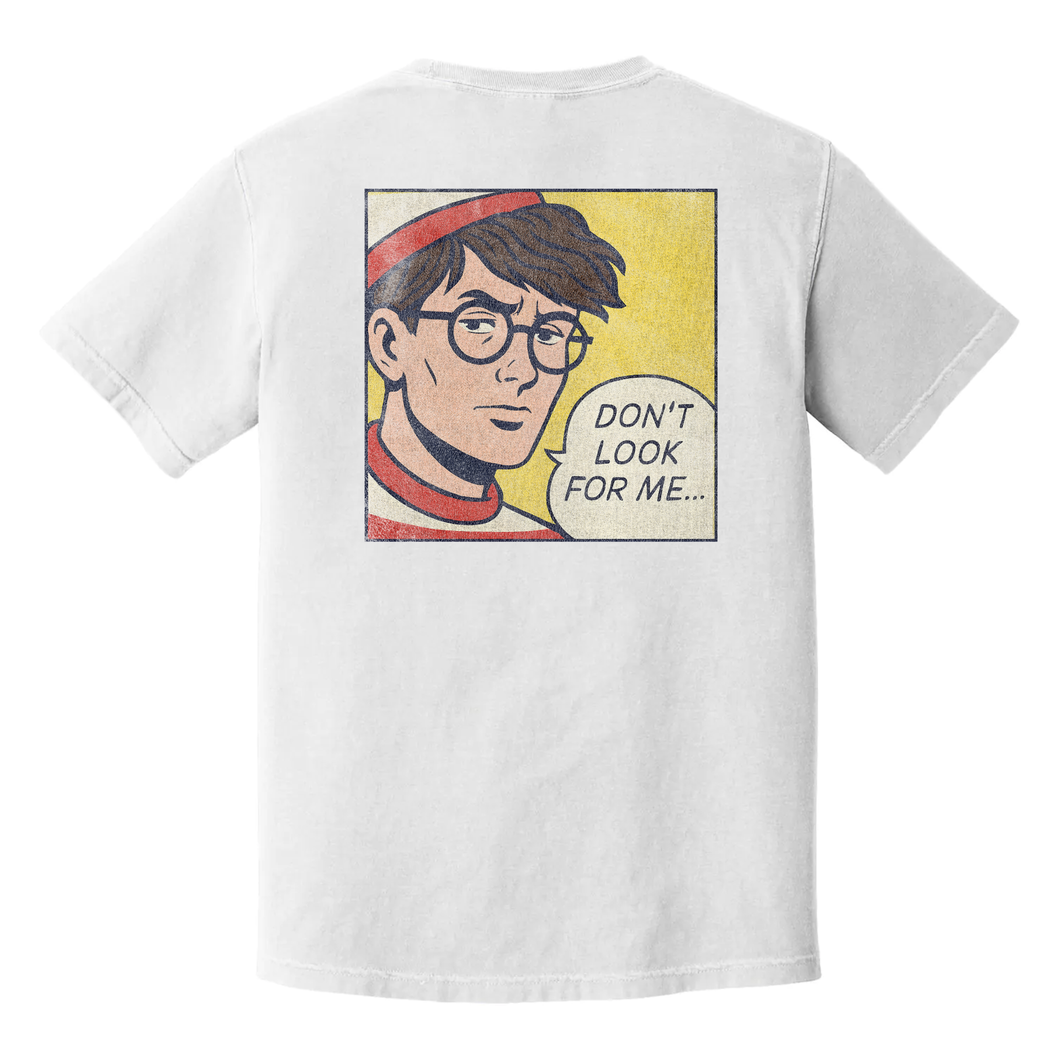 Don't Look for Me t-shirt with comic-style Waldo parody, black burnout humor tee