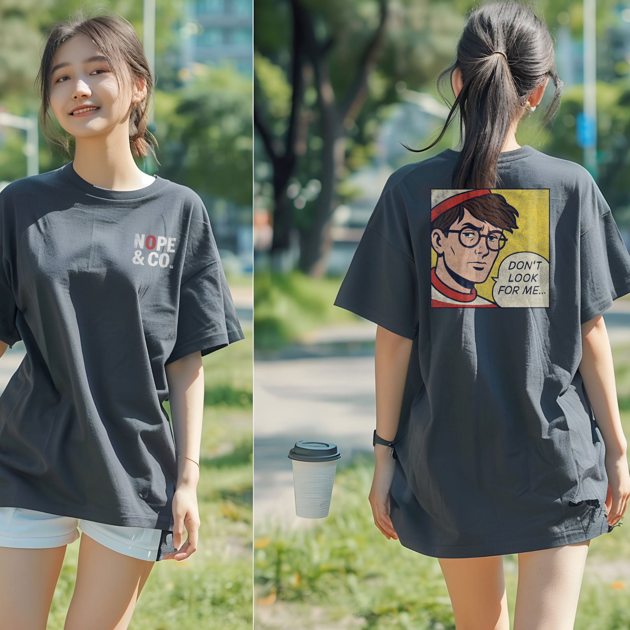 Don't Look for Me t-shirt with comic-style Waldo parody, black burnout humor tee