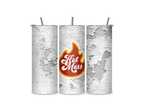 Three views of the Hot Mess insulated tumbler showing the full-wrap flame design, clear sliding lid, and reusable metal straw.