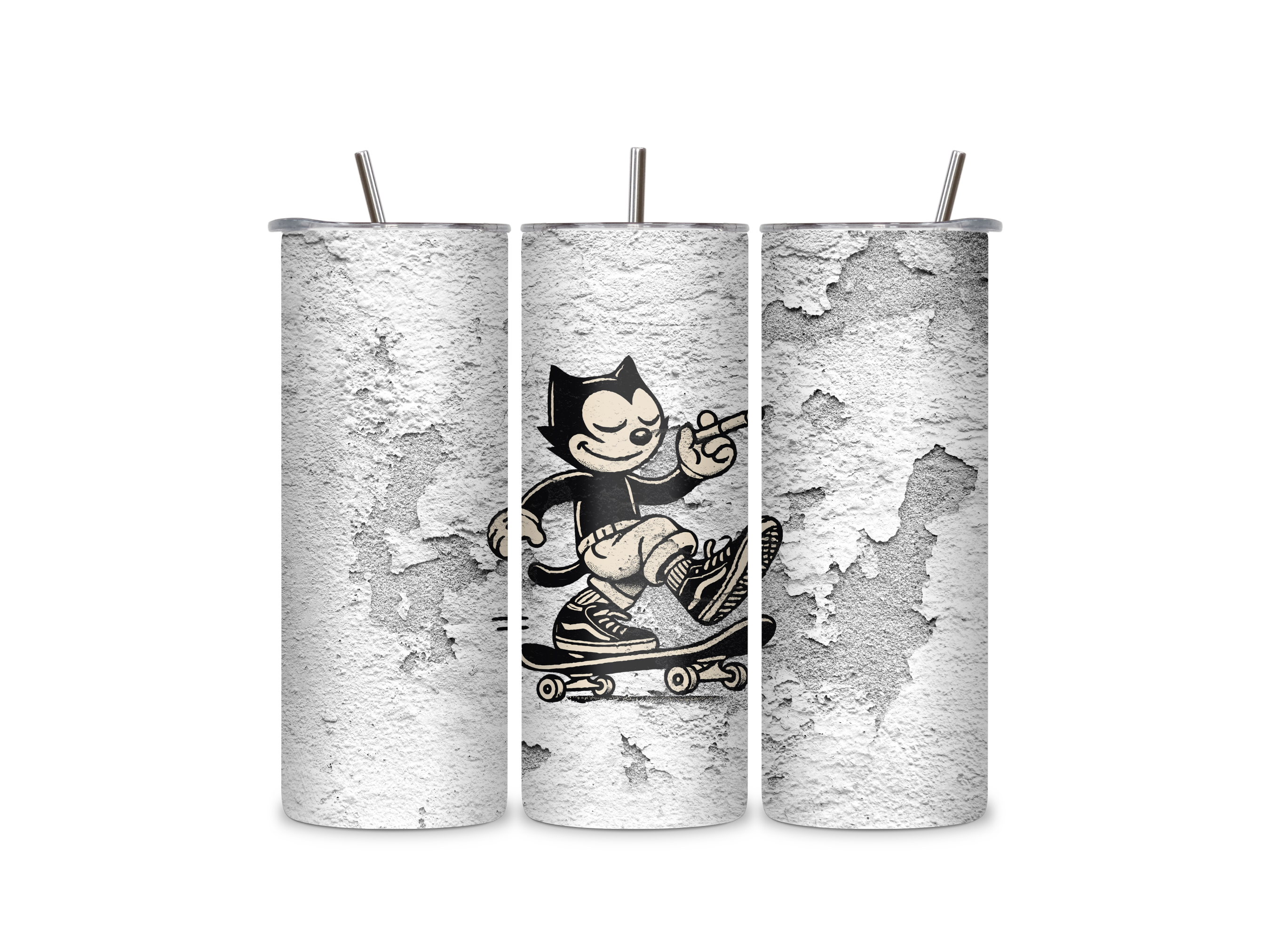 Three views of the Skater Kat insulated tumbler showing the full-wrap skateboard graphic, clear sliding lid, and reusable metal straw.