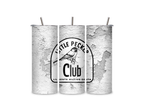 Three views of the Little Peckers Club insulated tumbler showing the full-wrap bird club design, clear sliding lid, and reusable metal straw.