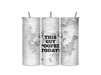Three views of the This Guy Pooped Today tumbler showing the full-wrap bathroom humour design, clear sliding lid, and reusable metal straw.