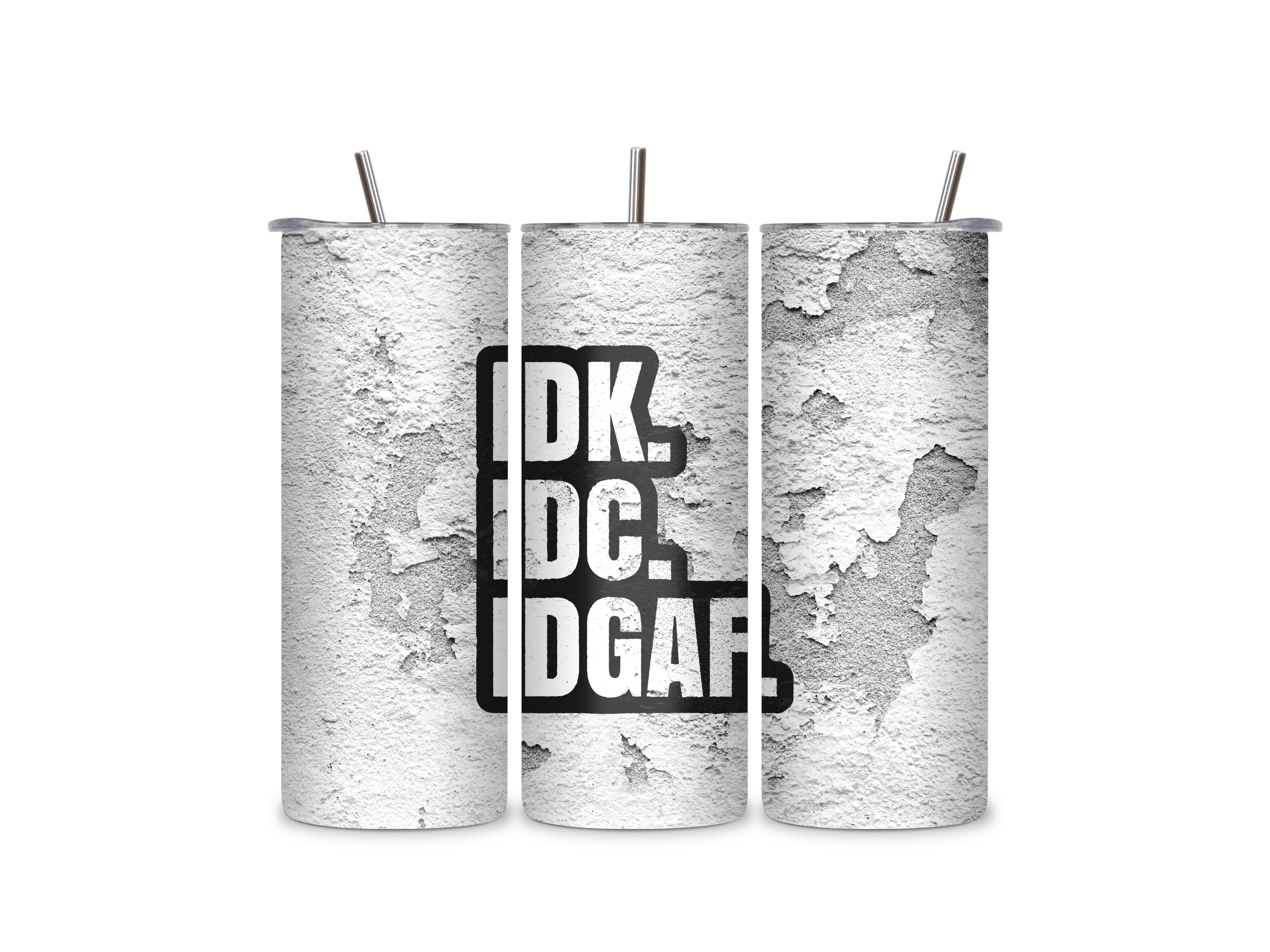 Three views of the IDK, IDC, IDGAF tumbler showing the full-wrap distressed statement design, clear sliding lid, and reusable metal straw.