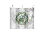Three views of the Don’t Panic, It’s Organic tumbler showing the full-wrap cannabis graphic, clear sliding lid, and reusable metal straw.