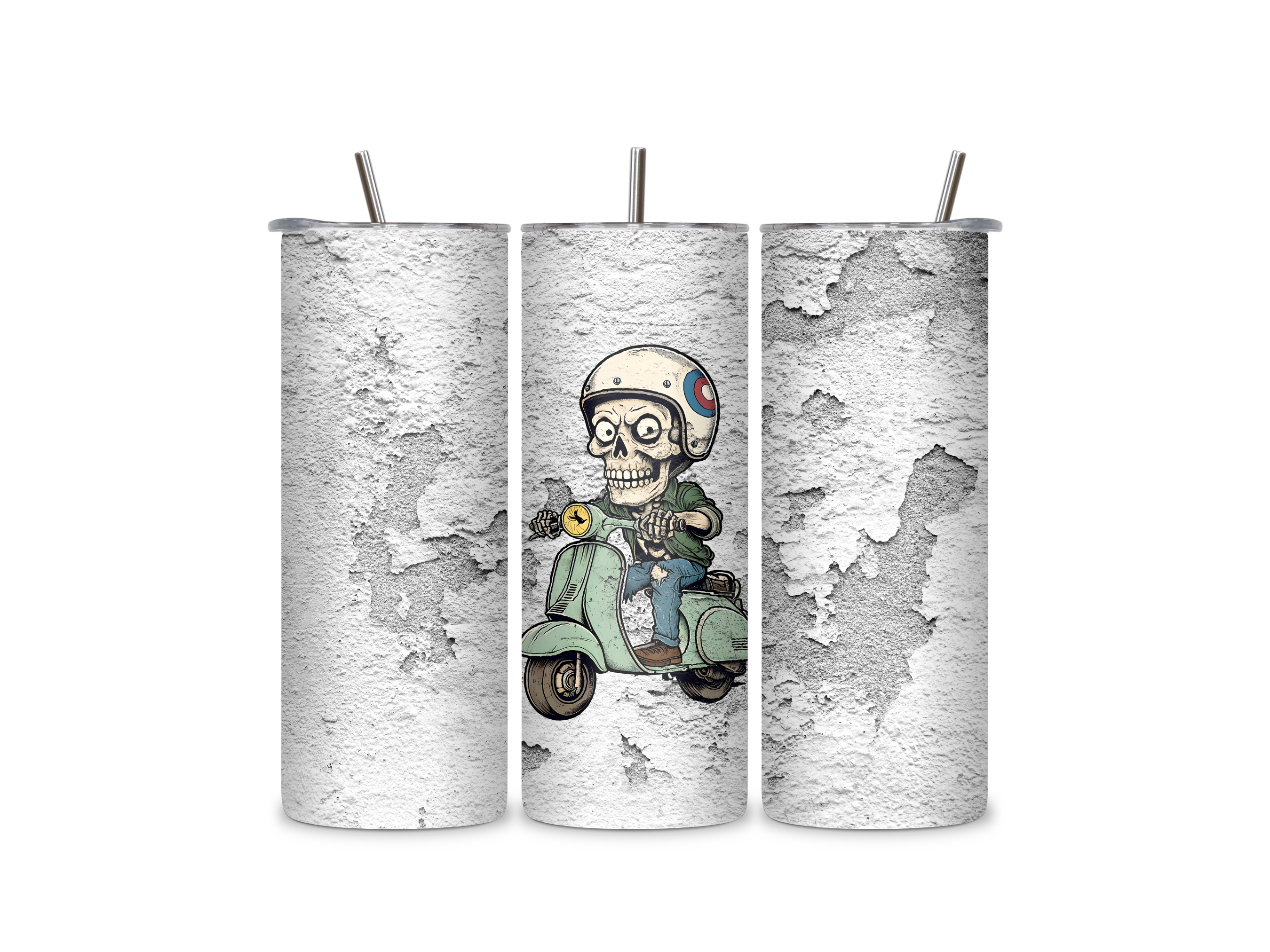 Three views of the Bone Rider insulated tumbler showing the full-wrap skeleton scooter design, clear sliding lid, and reusable metal straw.

Creative Confidence
