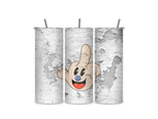 Three views of the Happy Middle Finger insulated tumbler showing the full-wrap smiling hand graphic, clear sliding lid, and reusable metal straw.