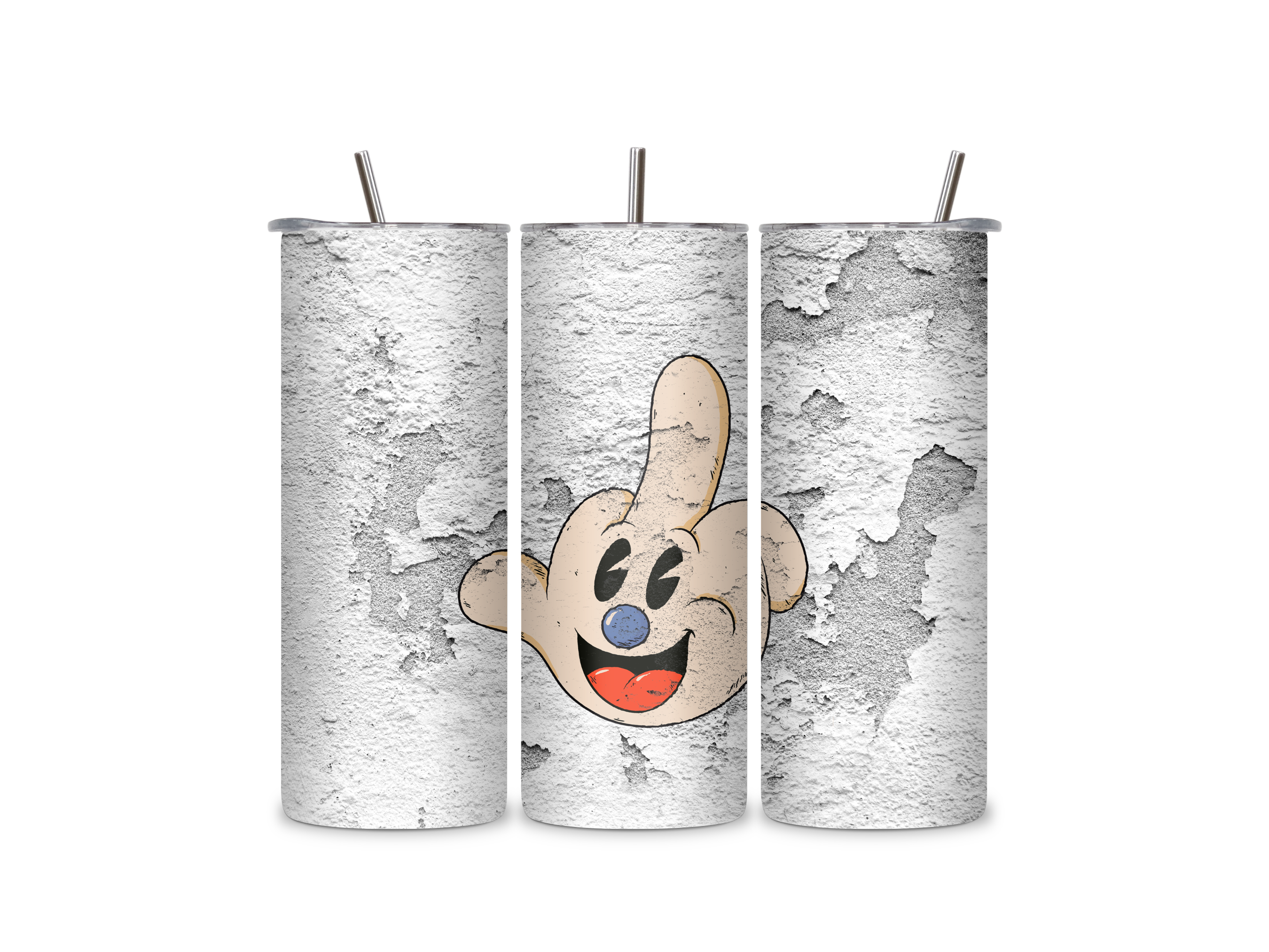 Three views of the Happy Middle Finger insulated tumbler showing the full-wrap smiling hand graphic, clear sliding lid, and reusable metal straw.