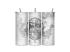 Three views of the Fuck It insulated tumbler showing the wraparound distressed stamp design, sliding lid, and reusable metal straw.