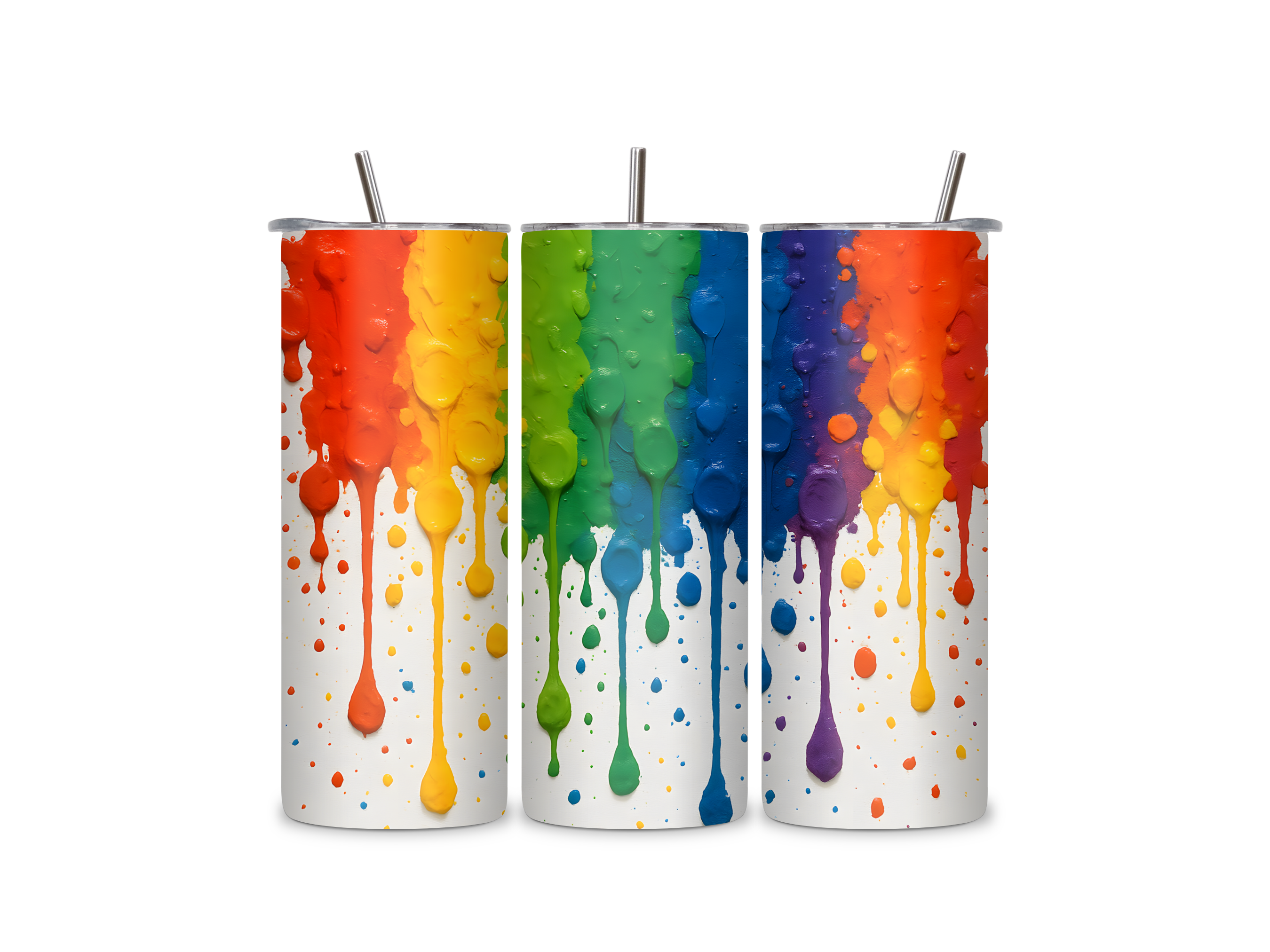 Three views of the Unicorn Puke insulated tumbler showing the full-wrap rainbow drip design, clear sliding lid, and reusable metal straw.