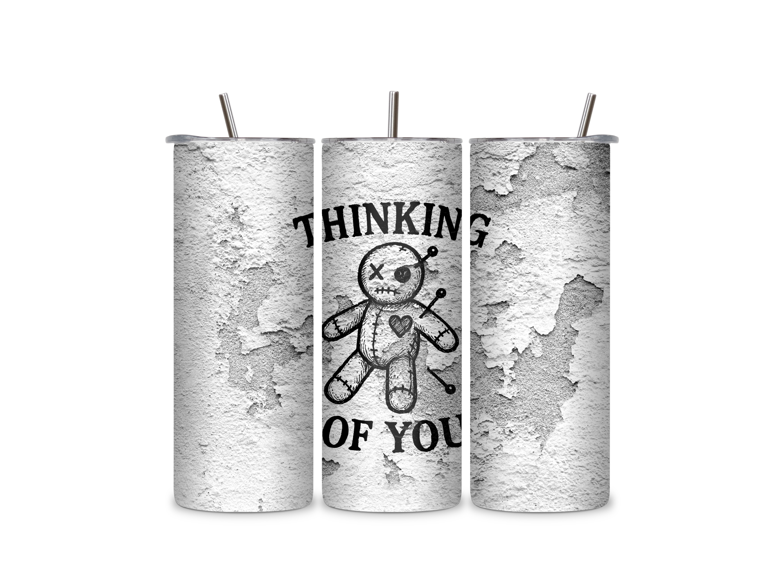 Three views of the Thinking of You insulated tumbler showing the wraparound distressed design, clear sliding lid, and reusable metal straw.