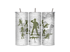 Three views of the Little Green Army Men Squad insulated tumbler showing the wraparound squad design, clear sliding lid, and reusable metal straw.