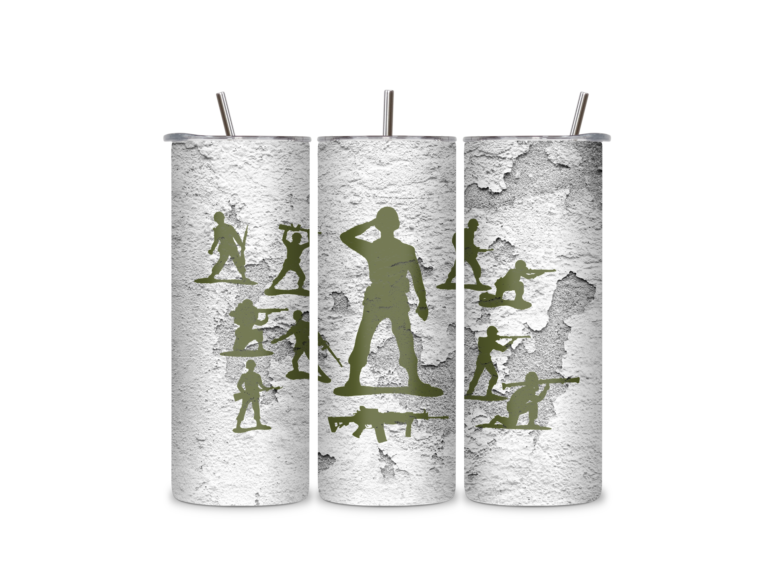Three views of the Little Green Army Men Squad insulated tumbler showing the wraparound squad design, clear sliding lid, and reusable metal straw.