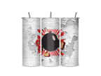 Three views of the Fuze Walker tumbler showing the full-wrap wind-up bomb graphic, clear sliding lid, and reusable metal straw.
