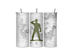 Three views of the Little Green Army Man insulated tumbler showing the wraparound concrete texture, clear sliding lid, and reusable metal straw.