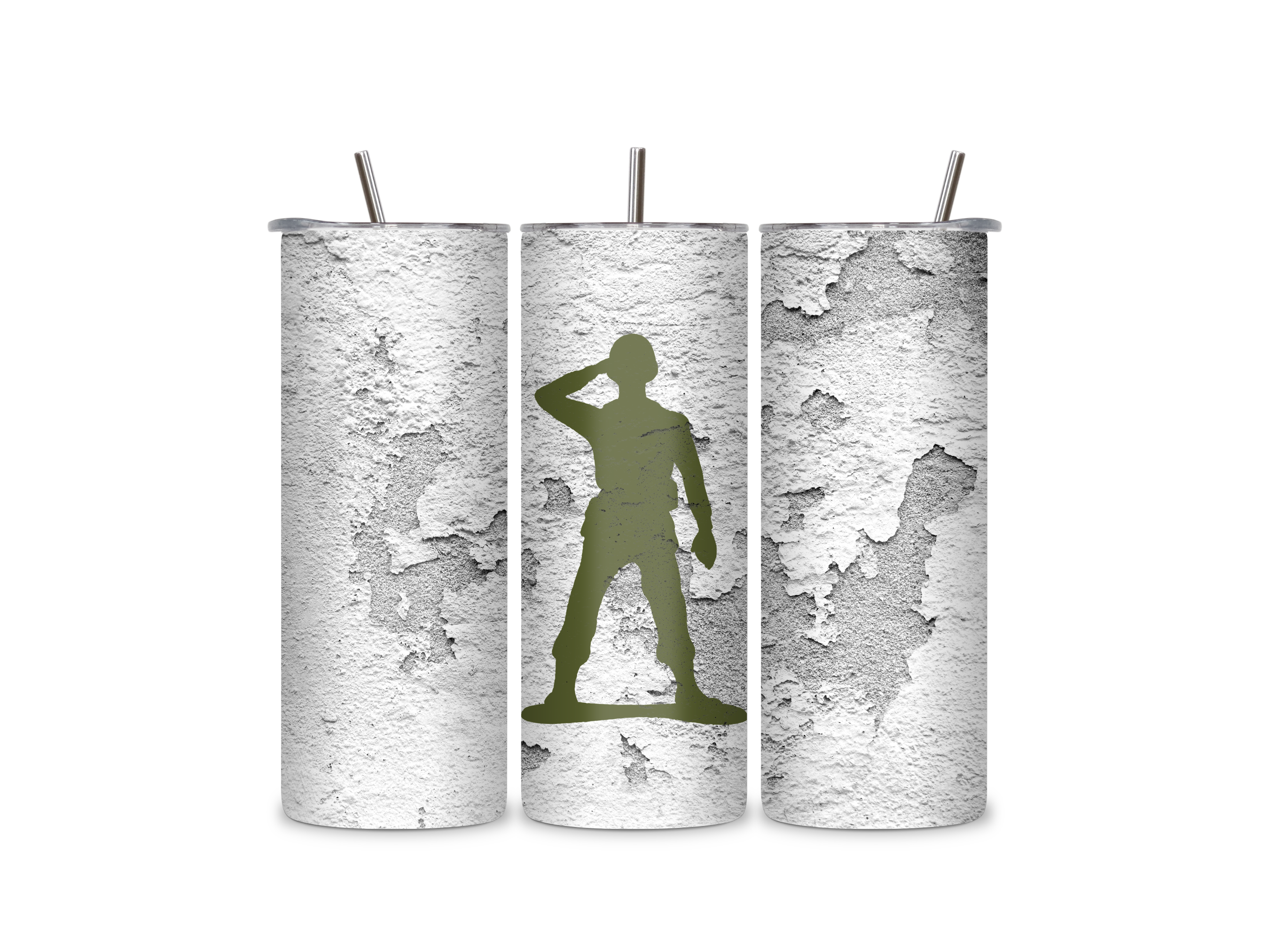 Three views of the Little Green Army Man insulated tumbler showing the wraparound concrete texture, clear sliding lid, and reusable metal straw.