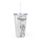 Clear tumbler with a straw featuring an astronaut and UFO design on a white background