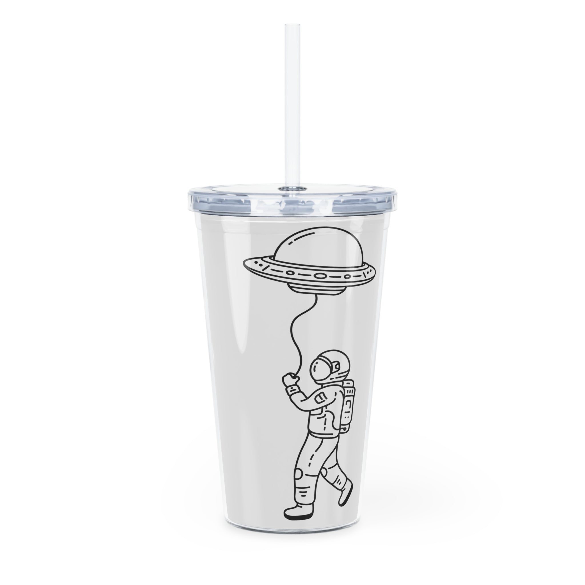 Clear tumbler with a straw featuring an astronaut and UFO design on a white background