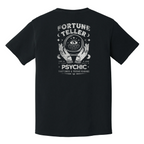 Vibes Don’t Lie psychic t-shirt, black with mystical crystal ball and palmistry hands
