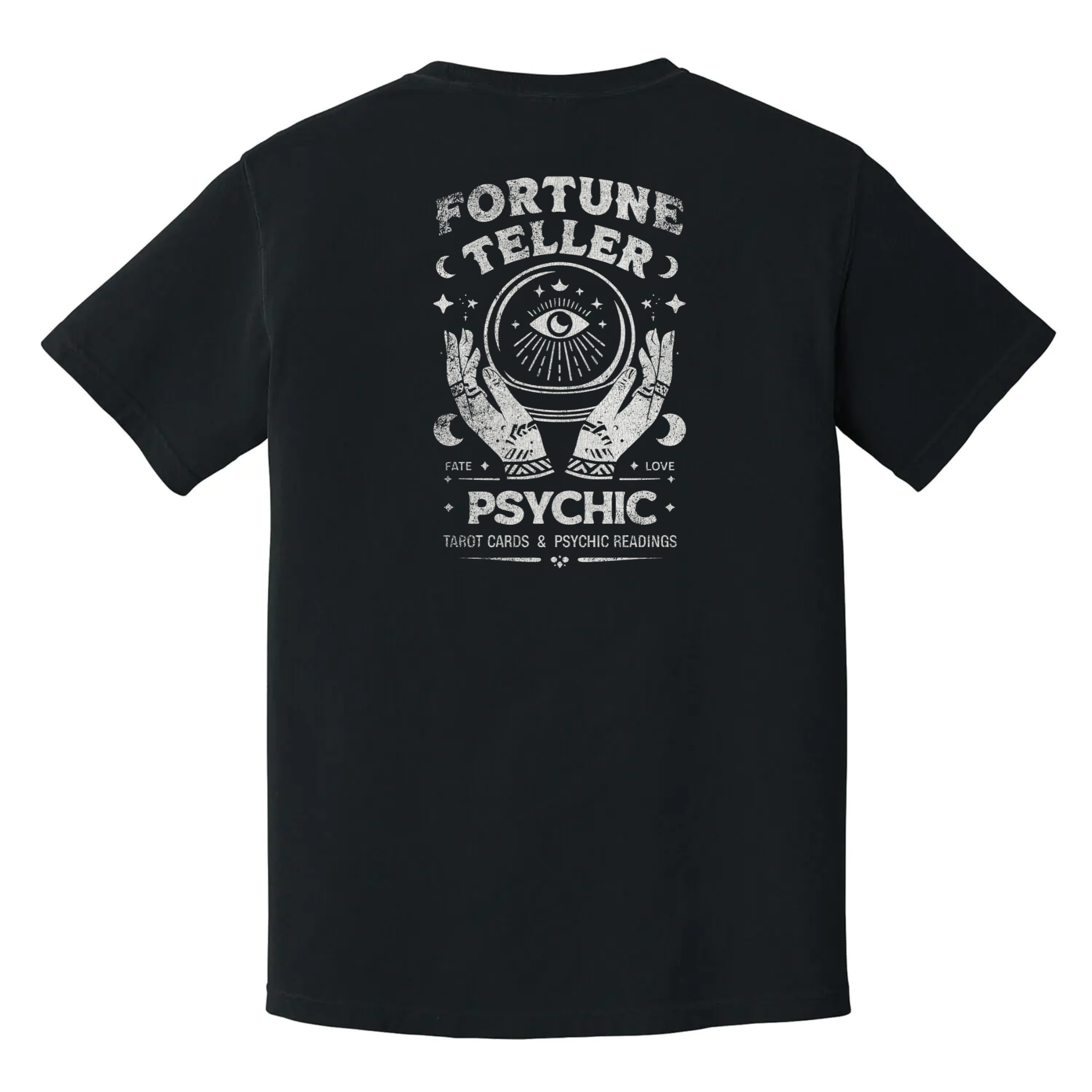 Vibes Don’t Lie psychic t-shirt, black with mystical crystal ball and palmistry hands