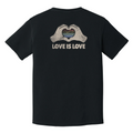 Love Is Love LGBTQ+ pride shirt, rainbow heart hand graphic on black t-shirt