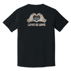 Love Is Love LGBTQ+ pride shirt, rainbow heart hand graphic on black t-shirt