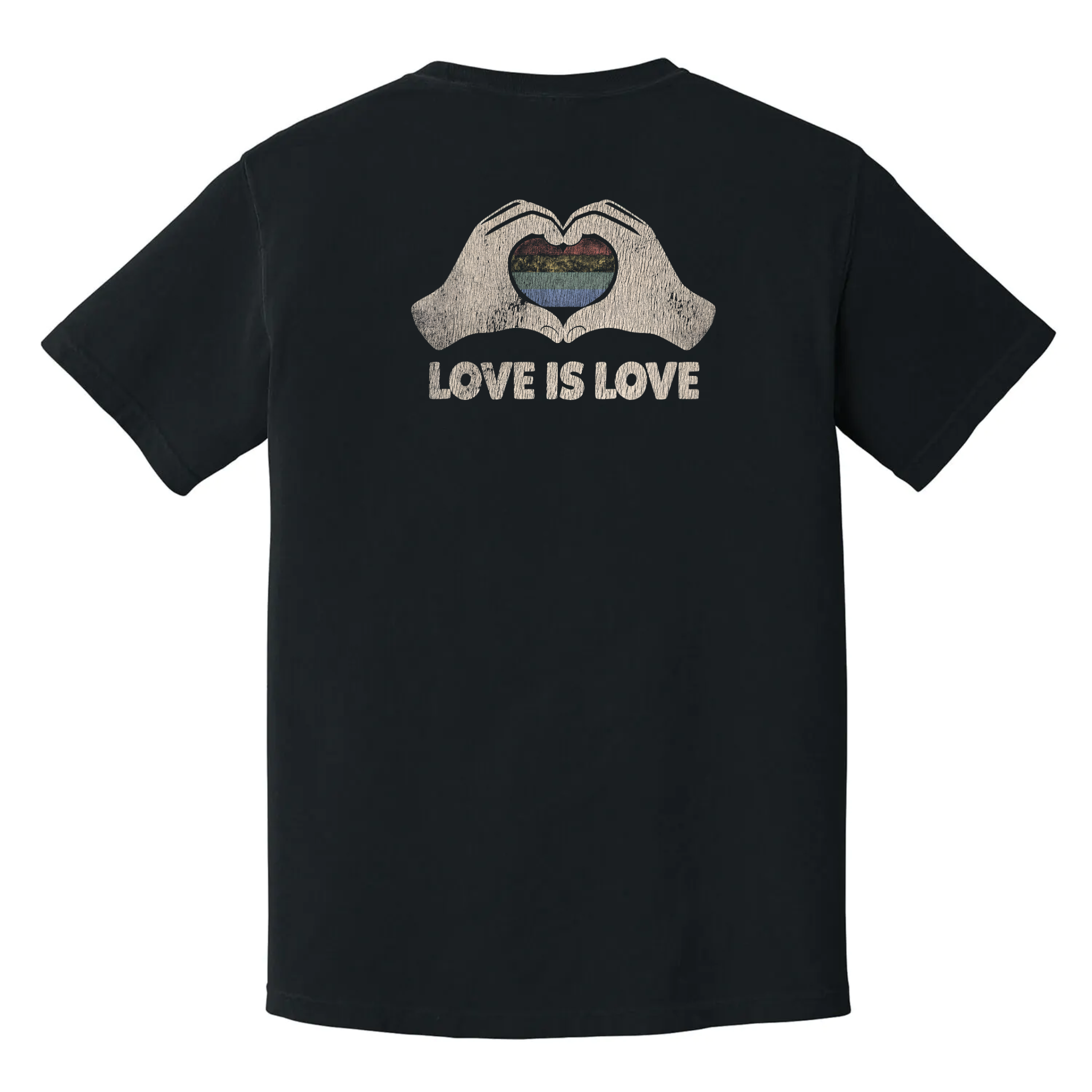 Love Is Love LGBTQ+ pride shirt, rainbow heart hand graphic on black t-shirt