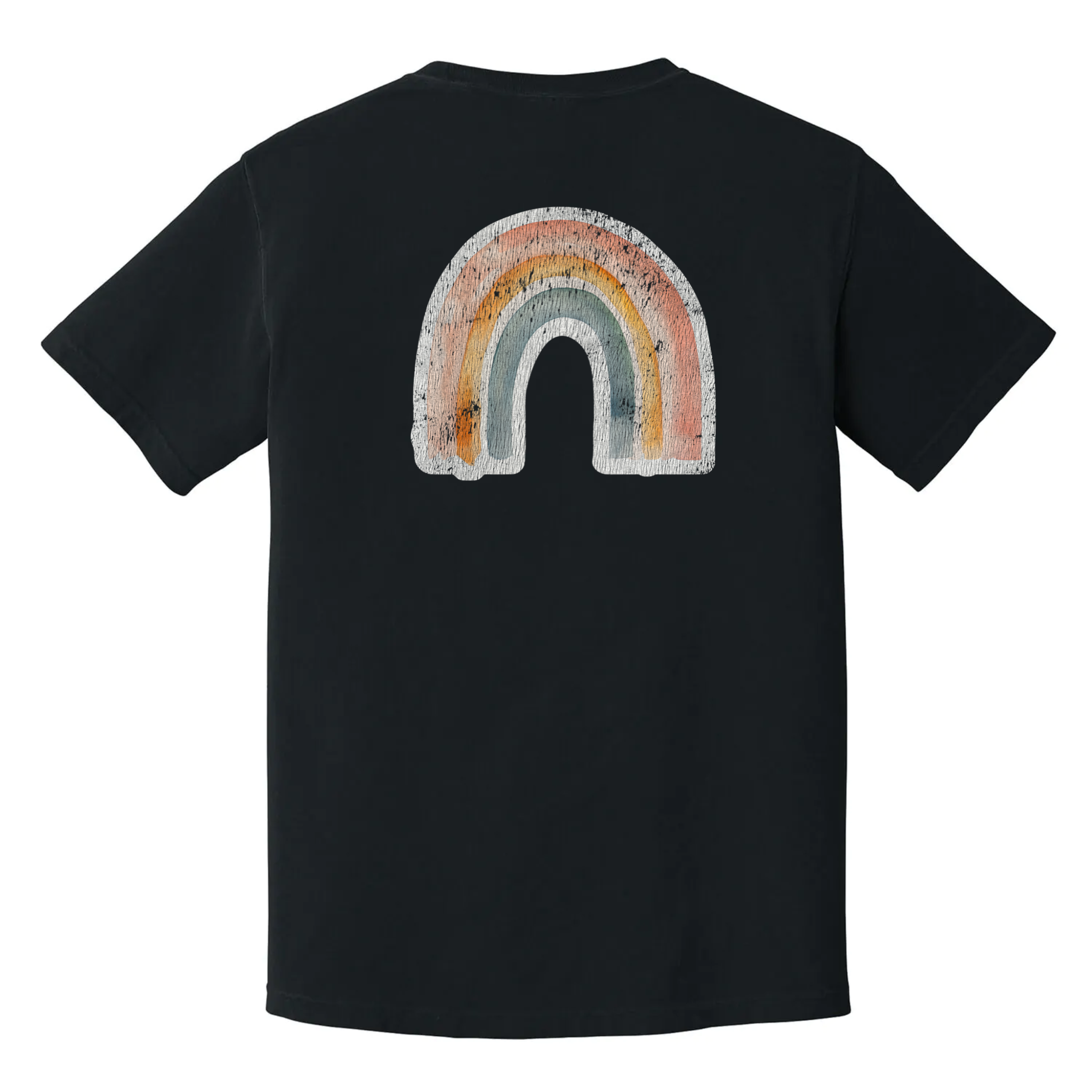 Muted rainbow graphic t-shirt with vintage distressed design, soft pride-inspired tee
