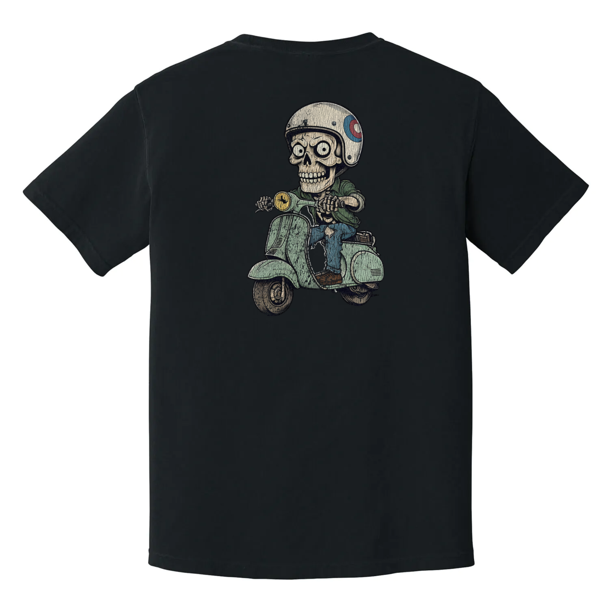 Bone to Ride t-shirt featuring skeleton riding scooter, burnout-core vintage humor tee