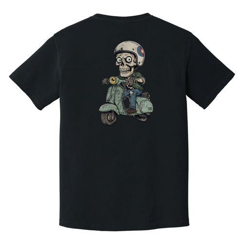 Bone to Ride t-shirt featuring skeleton riding scooter, burnout-core vintage humor tee