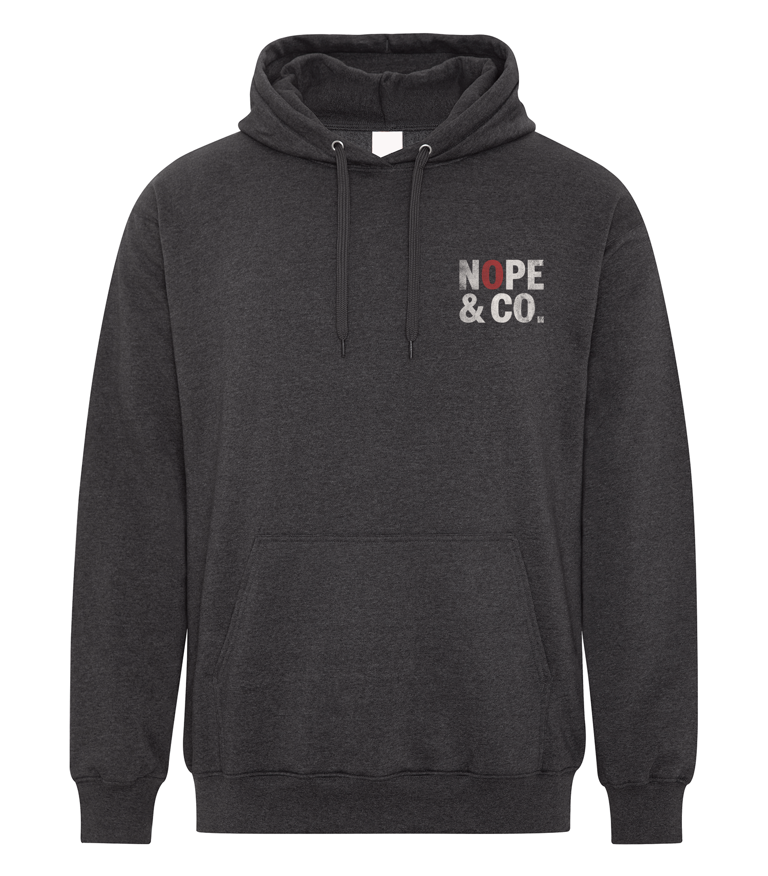 Dark gray hoodie with 'NOPE & CO.' logo on a white background