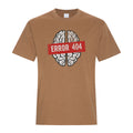 Caramel colored graphic T-shirt featuring a white tired brain illustration with a distressed red ERROR 404 banner.