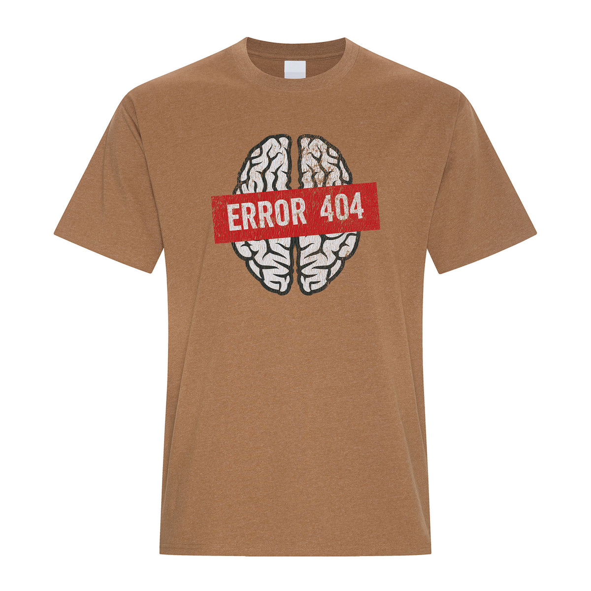 Caramel colored graphic T-shirt featuring a white tired brain illustration with a distressed red ERROR 404 banner.