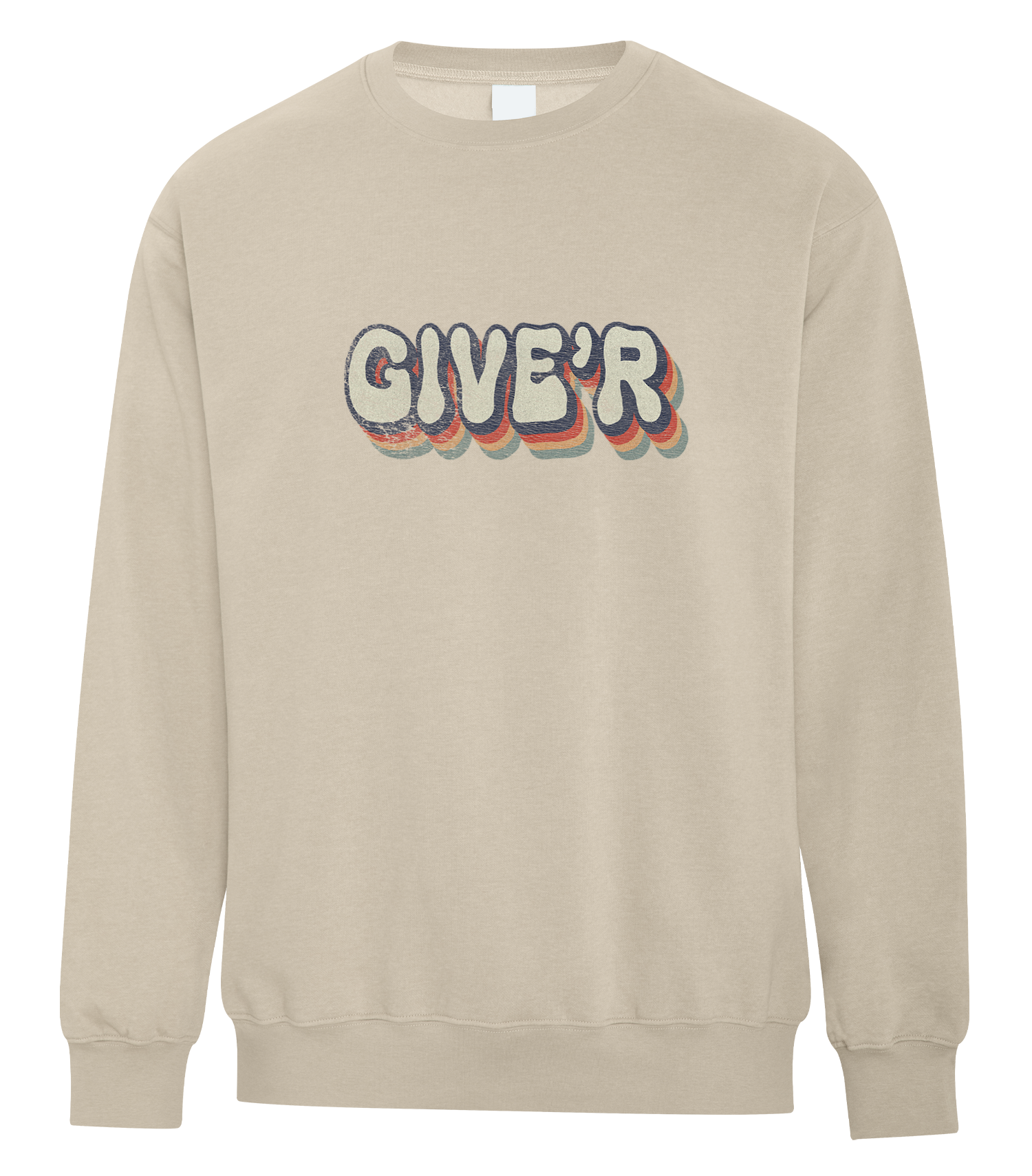 fleece crewneck with retro “GIVE’R” Alberta slang graphic – Canadian prairie slang sweatshirt