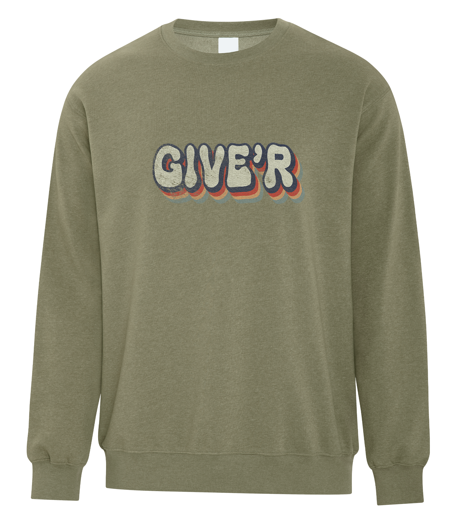 fleece crewneck with retro “GIVE’R” Alberta slang graphic – Canadian prairie slang sweatshirt